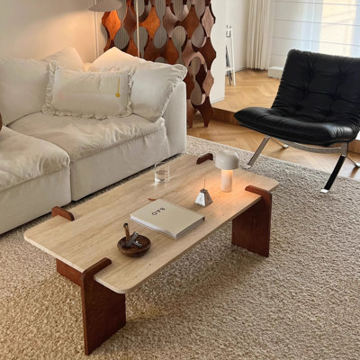 Table basse beige + pierre brune + bois massif