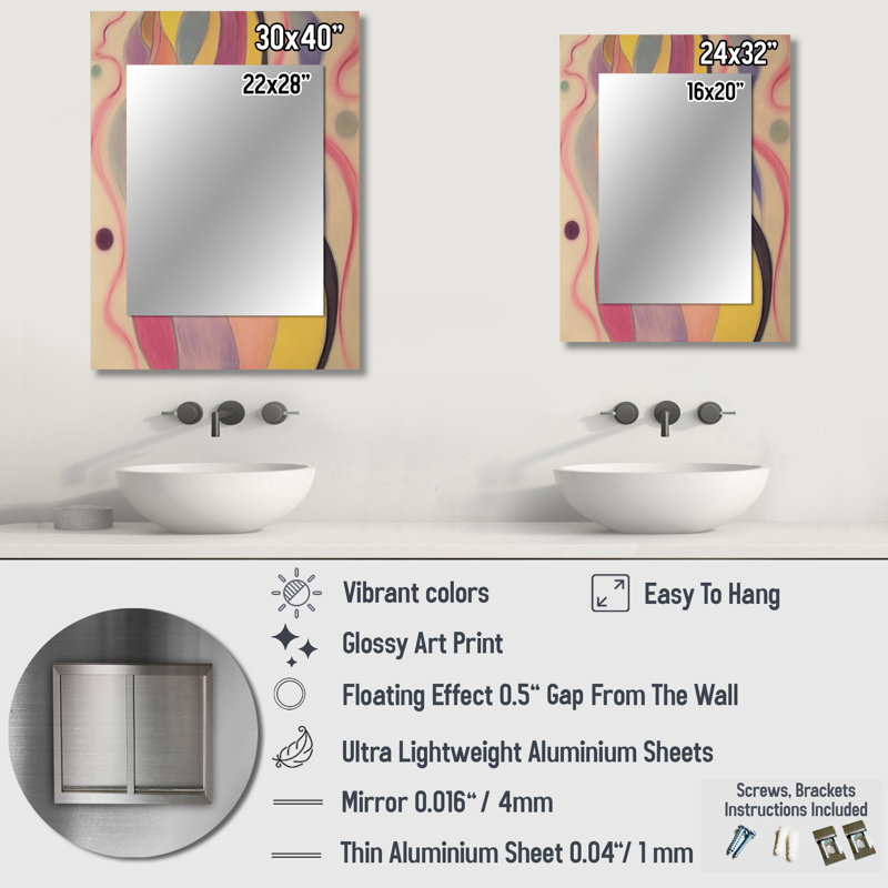 Shadow Dance Yellow & Pink Vintage Illustration I - Abstract Painting Unique Wall Mirror, Yellow Mirror, Printed Metal Art