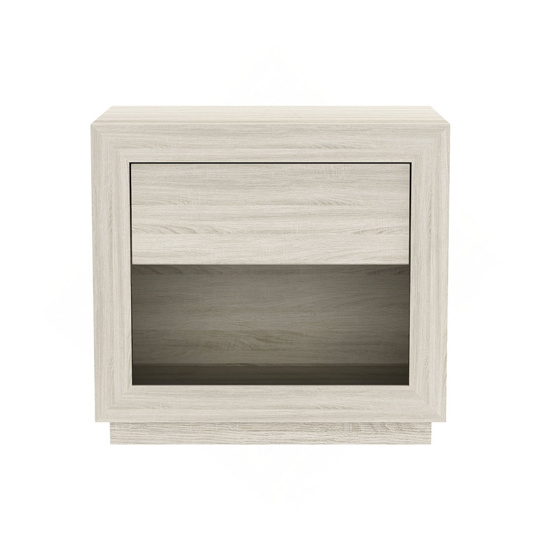 Table de chevet large à cadre encadré, tiroir simple avec tirette dissimulée et compartiment de rangement inférieur ouvert, armoire de chambre basse à base de socle flottant