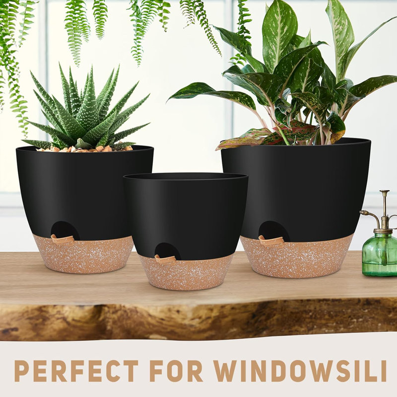 Ensemble de 3 grandes jardinières à arrosage automatique avec drainage - noir