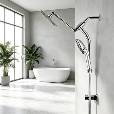 8 Inch Round Rainfall Shower Head Combo, High‑Pressure Handheld Spray with Drill‑Free Slide Bar, Adjustable Extension Arm, 3‑Way Diverter & 5Ft Hose,Chrome,Valve Not Included
