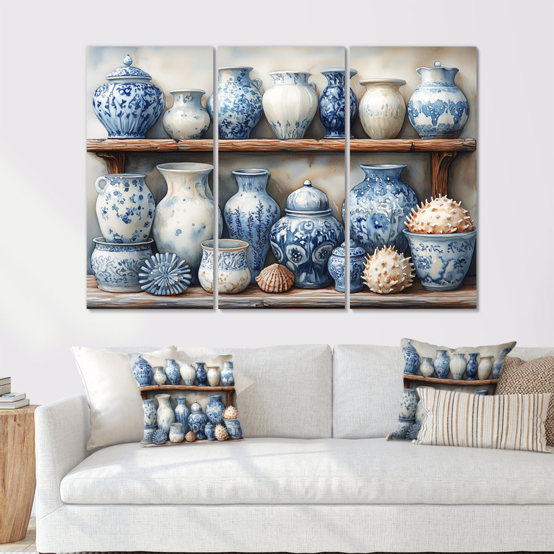 Poterie en tons de bleu et blanc I - ensemble d'art mural de poterie côtière, Toile tendue, H 40 po x l 60 po x P 1 po