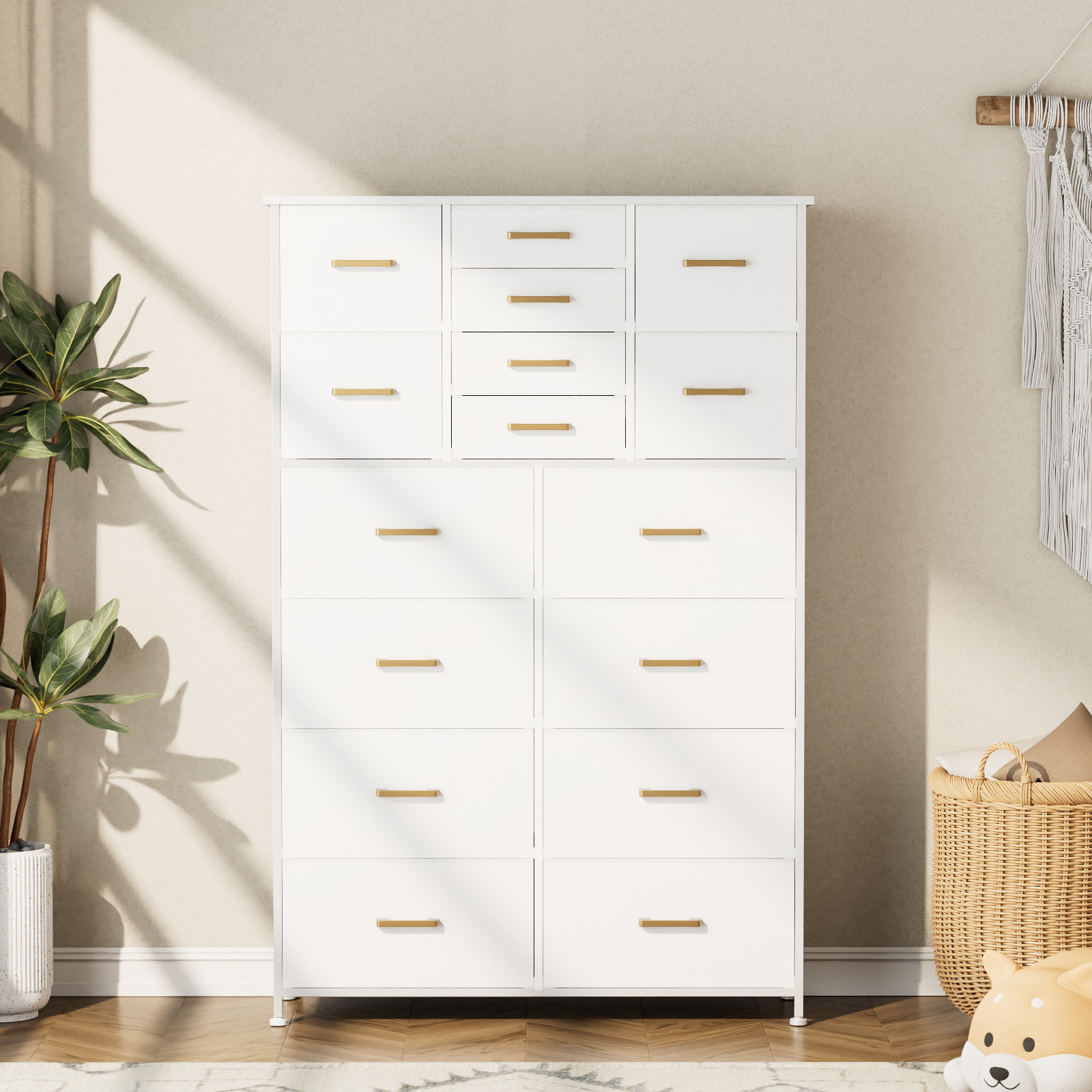 Rebrilliant Tall Dresser for Bedroom-White Dresser with 16 Fabric Drawers  Living Room, Dorm, Bedroom White | Wayfair