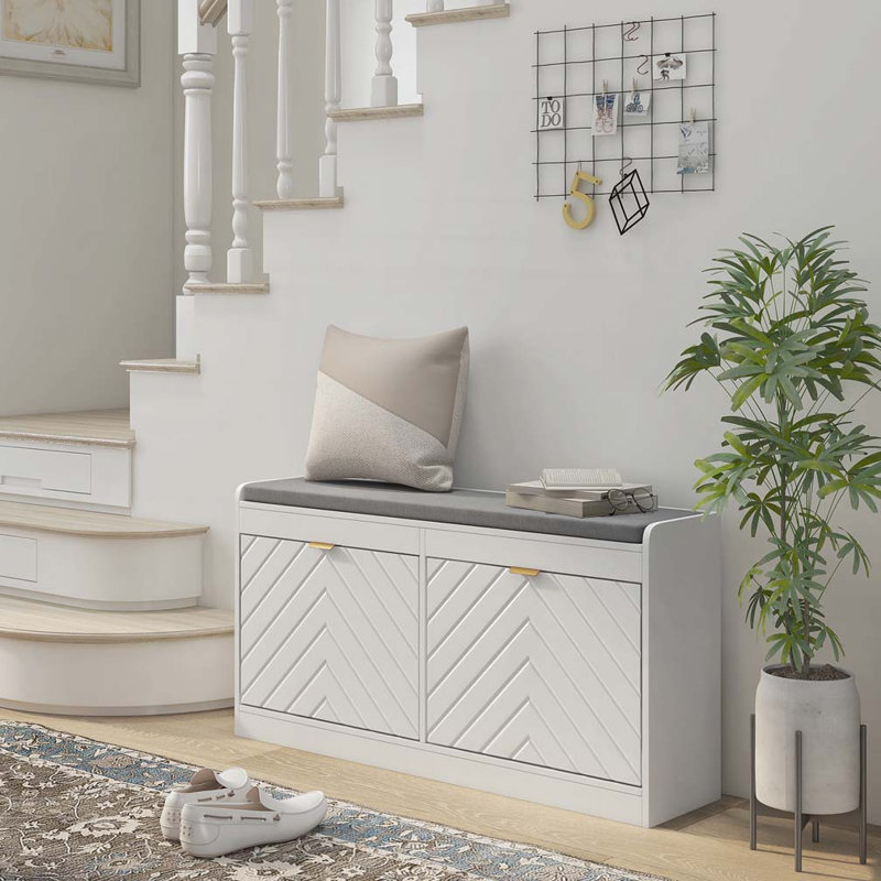 Banc à chaussures, banc d'entrée avec 2 tiroirs rabattables, coussin de siège