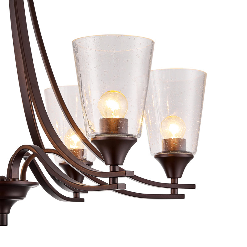 Lustre classique / traditionnel en bronze huilé à 6 lumières avec abat-jour en verre bullé, Bronze frotté à l'huile