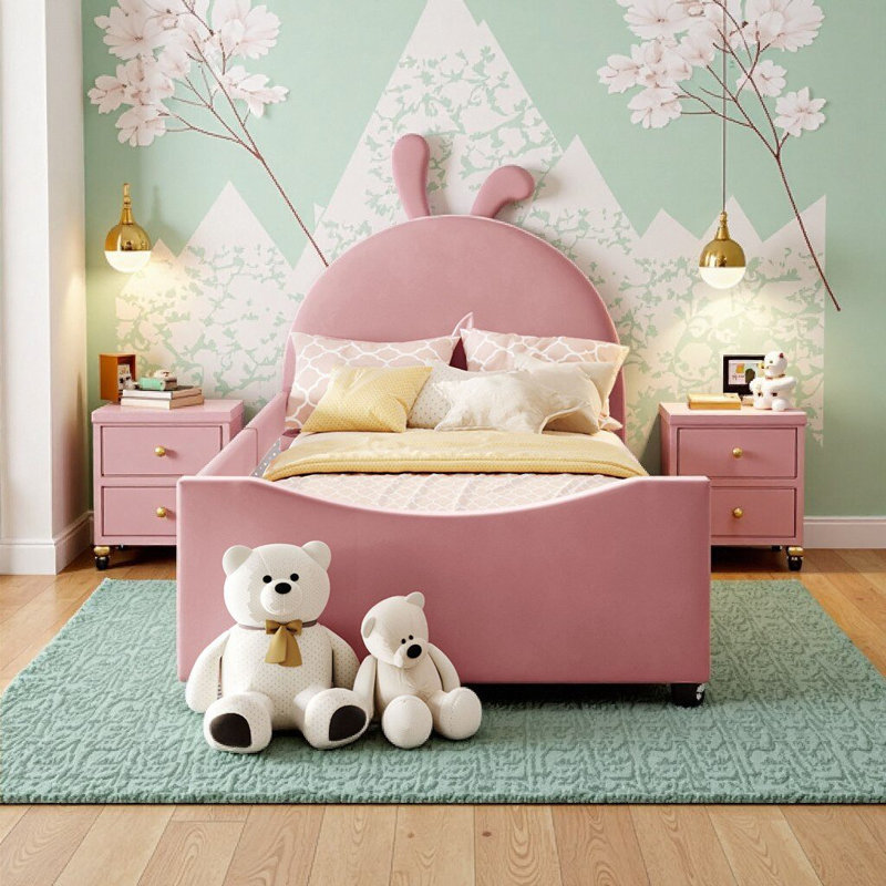 Lit de jour simple en velours rose avec tête de lit Bunny