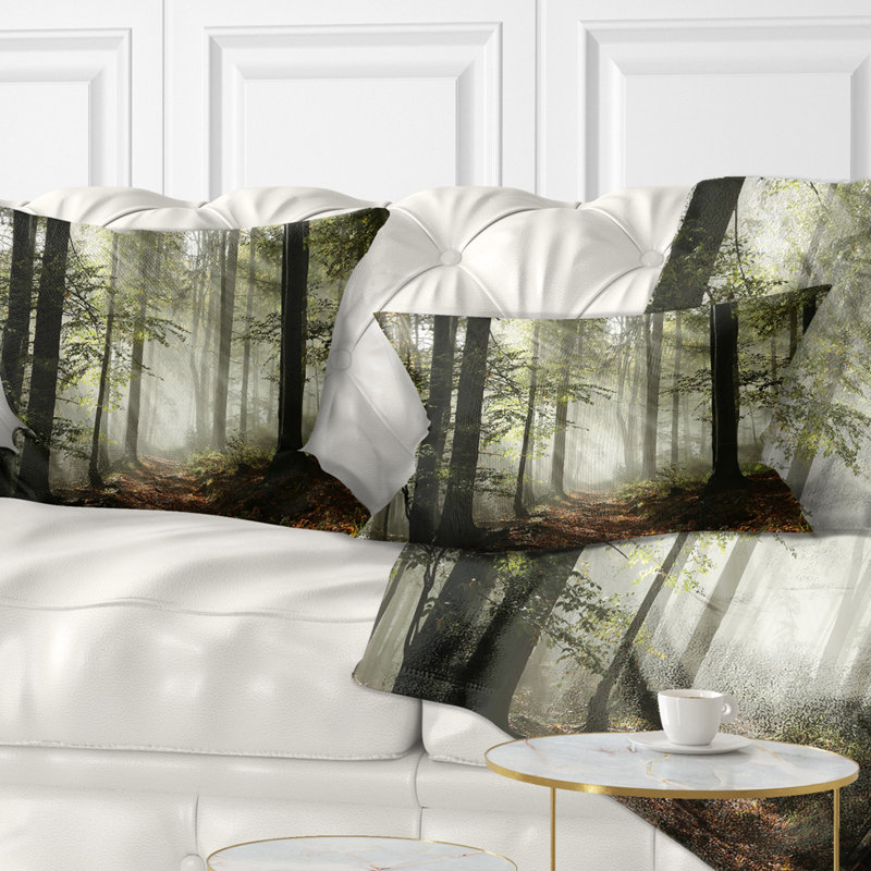 Coussin de forêt à chute dense avec paysage de brouillard