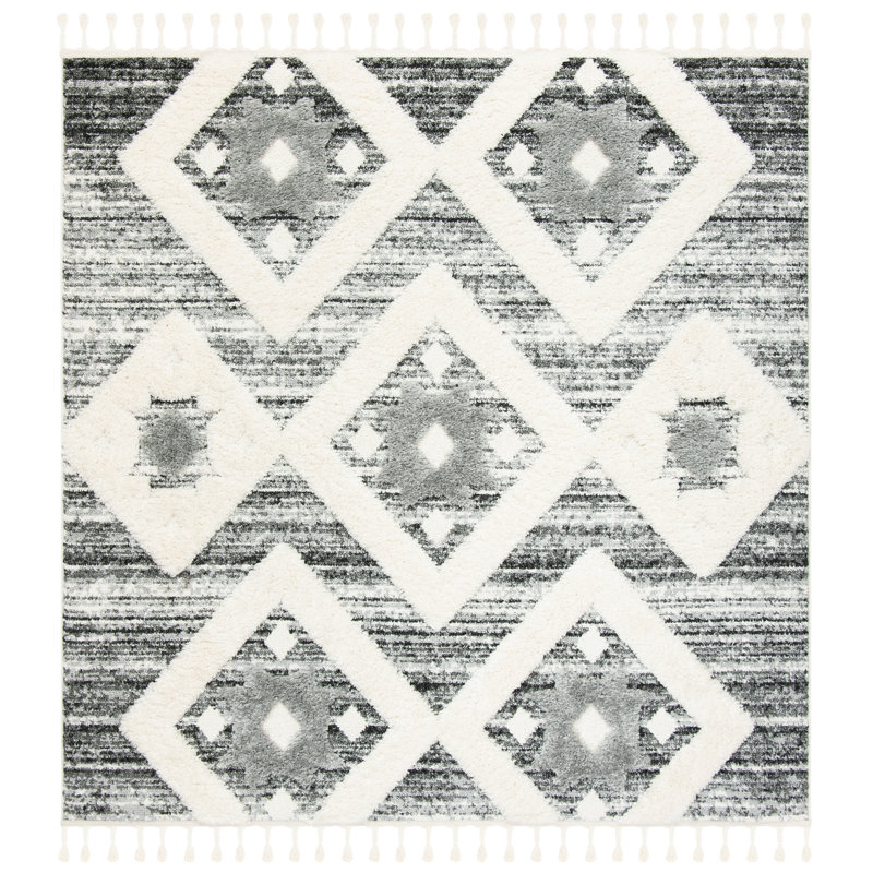Tapis performance à poil long à pampilles à motif marocain, Carré 3 pi