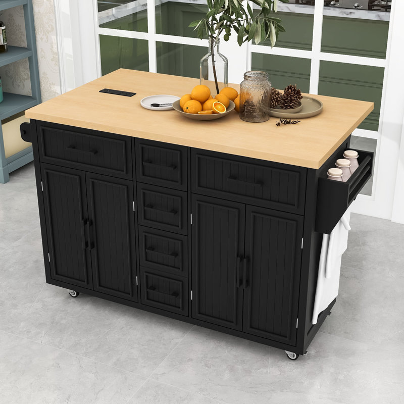 Farmhouse Kitchen Island Cart with Drop Leaf, Power Outlet, Adjustable Shelves, 5 Drawers on Wheels, Black