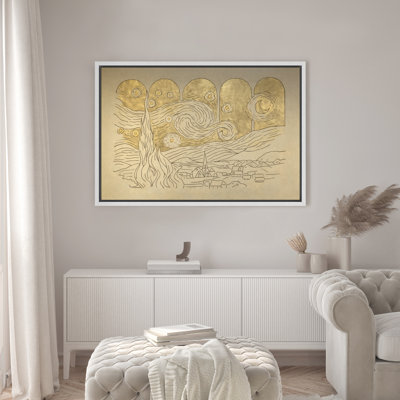 Minimalist Golden Starry Night Village Landscape Line Art Framed Canvas Master Bedroom Wall Art Work Print