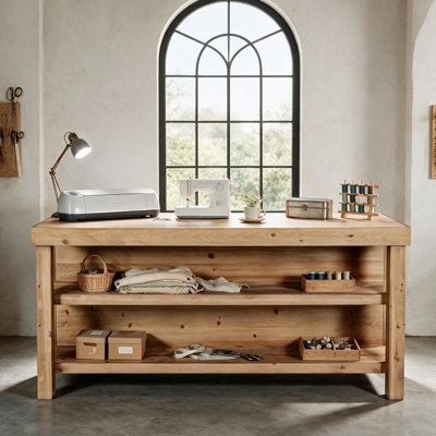 63" Solid Wood Sewing Table, Craft Table with Storage