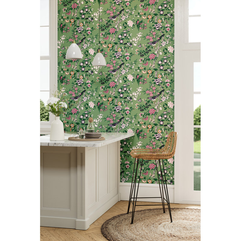 Chinoiserie Hall Wallpaper, Chinese Green/Lotus Pink