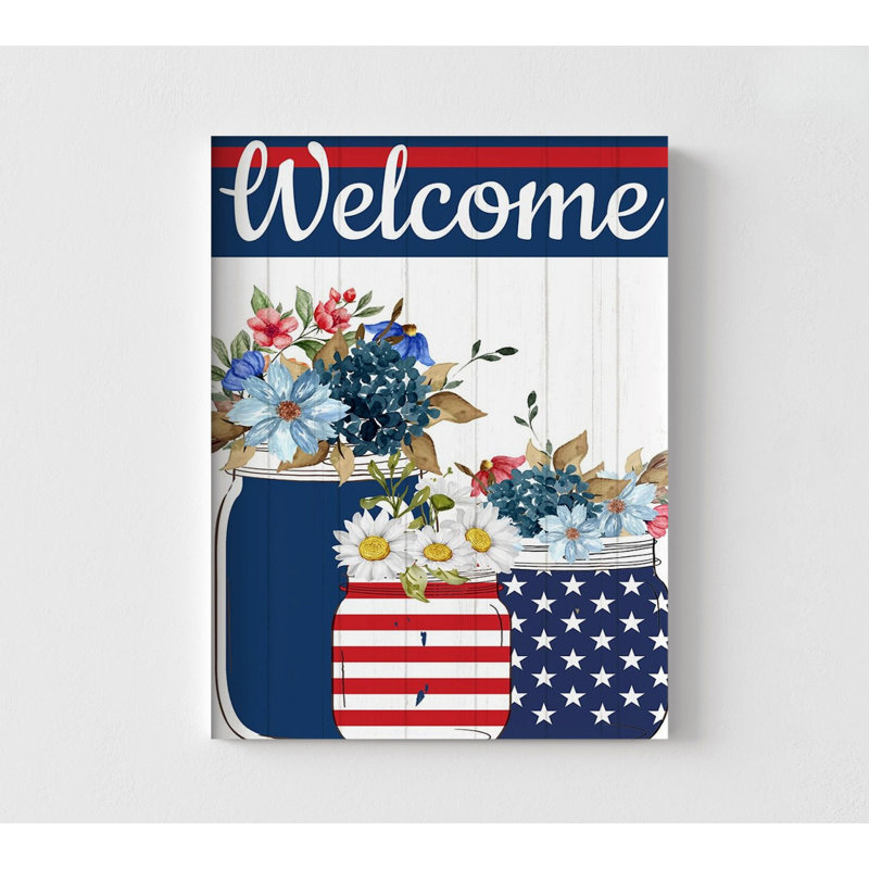 «Mason Jar Welcome» par Kimberly Allen, affiche de décoration du 4 juillet, affiche de bienvenue en rouge, blanc et bleu