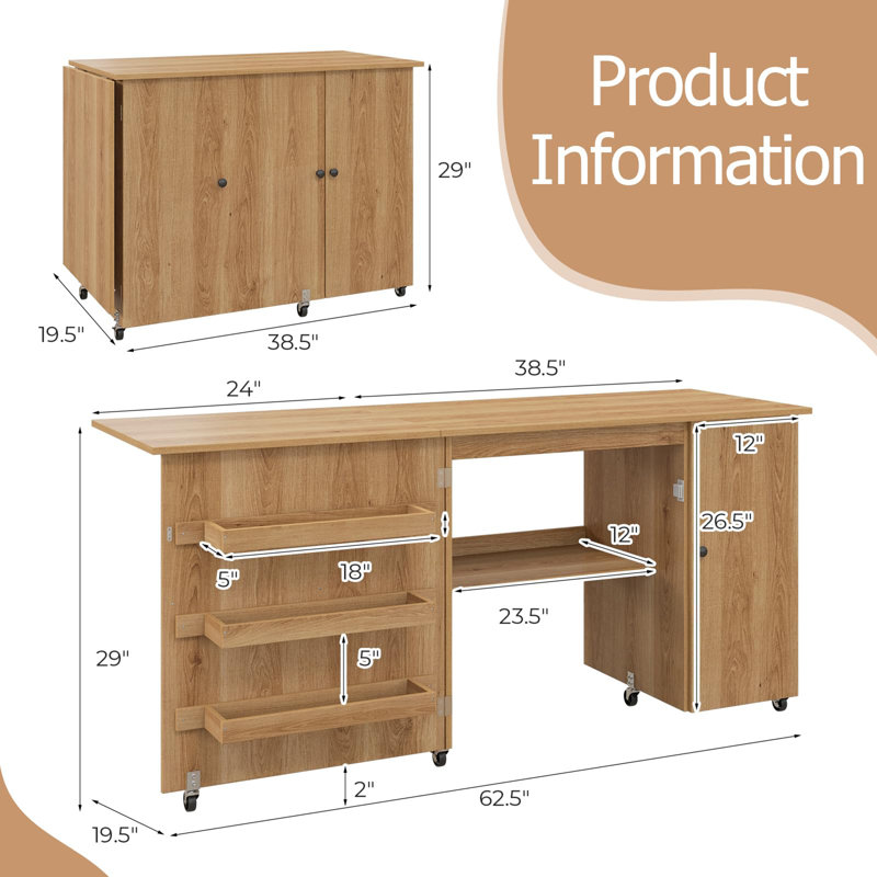 Table de machine à coudre pliable 62,5 "x 19,5", Brun