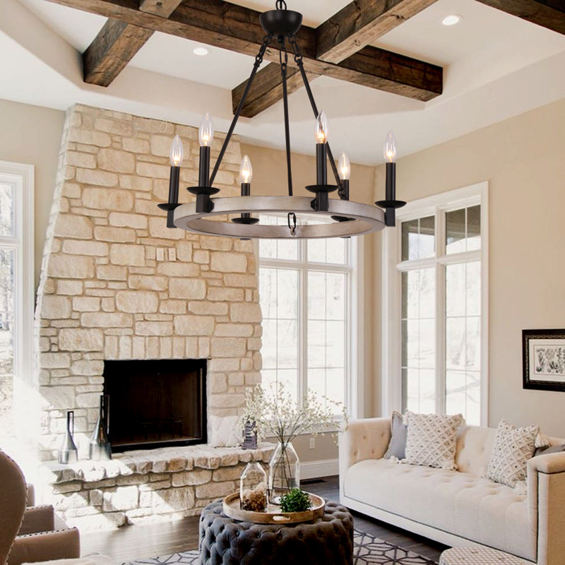6-Light Candle Style Wagon Wheel Chandelier, Farmhouse Round Pendant Light for Dining Room, Kitchen, Living Room, UL Listed