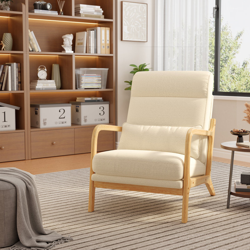 High-Back Mid-Century Modern Accent Chair, Solid Wood Upholstered Armchair with Extra Pillow, Retro Lounge Chair for Living Room, Office & Small Spaces