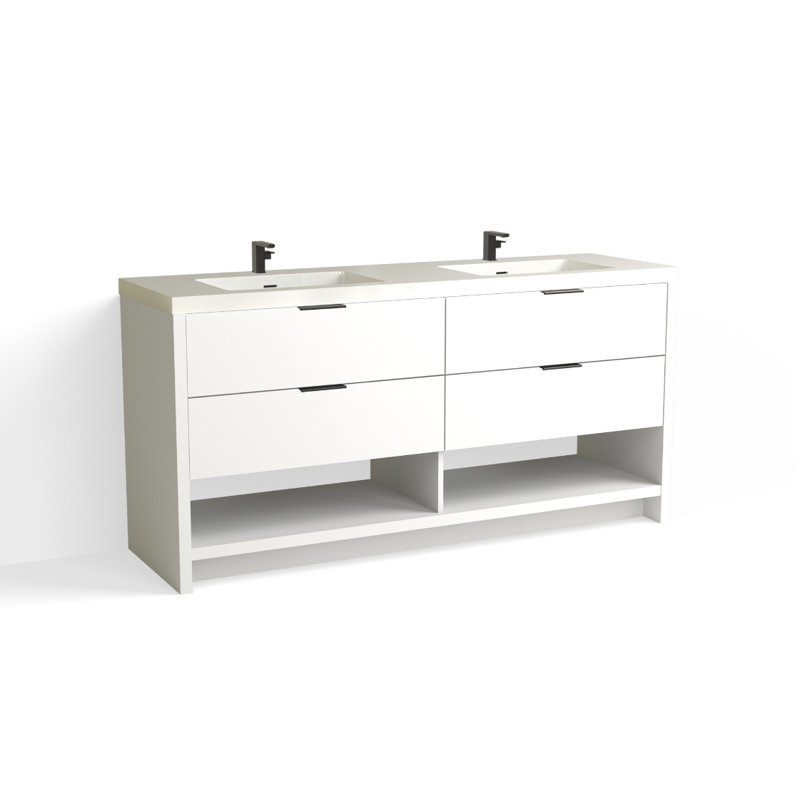 Vue 72" W Freestanding Double Bathroom Vanity, Glossy White/Single, Matte Black, White Nanomatte