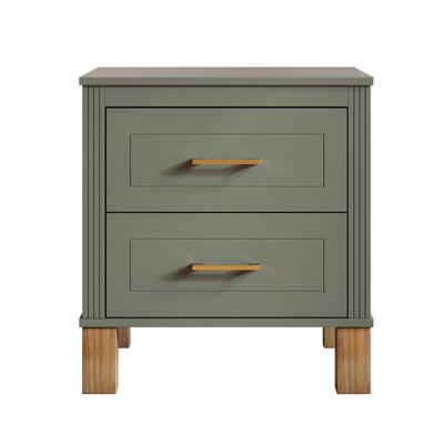 2 Drawer Nightstand, Premium Wood Storage with Elegant Fluted Design, Solid Wood Legs Nightstand with Metal Handle, Tall Bedside Table for Bedroom Living Room,Olive
