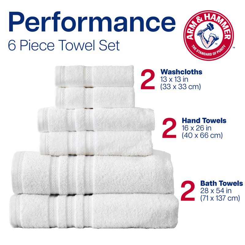 Arm & Hammer Performance Towel Set - 2 Bath Towels / 2 Hand Towels / 2 Washcloths, White