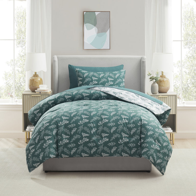 Nestl Botanical Bed in a Bag 5 piece Comforter Set with Sheets & Pillow Shams, Gentle Pine/Cloudstone