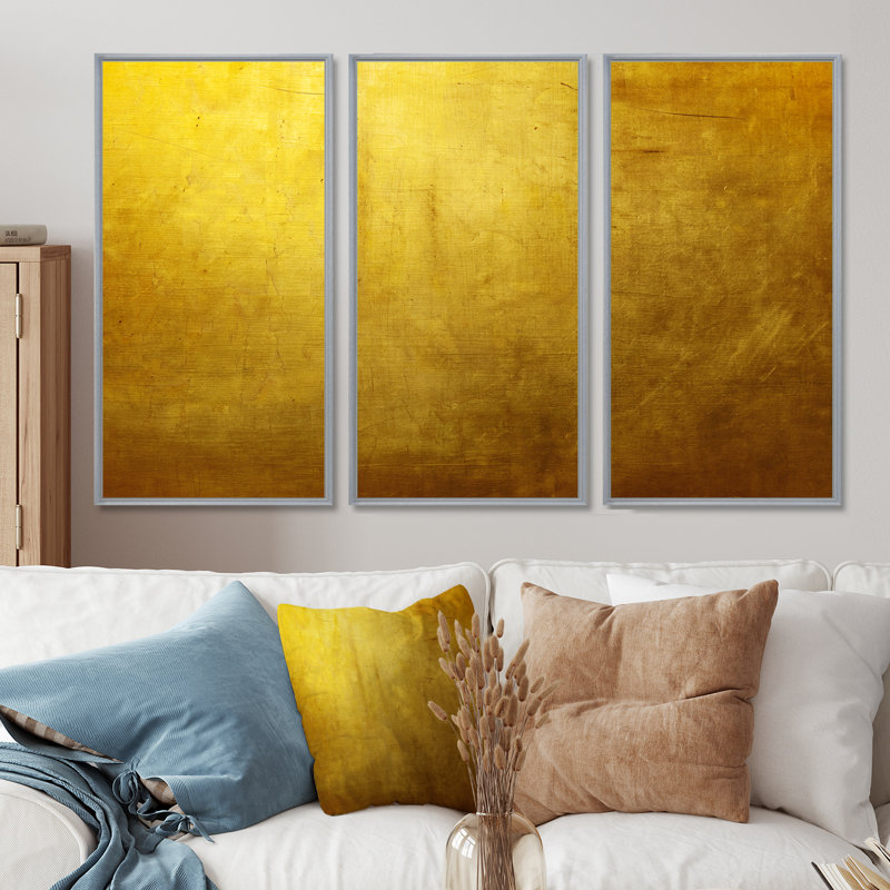 Texture dorée - ensemble de 3 toiles abstraites encadrées, H 32 po x l 48 po, Argent