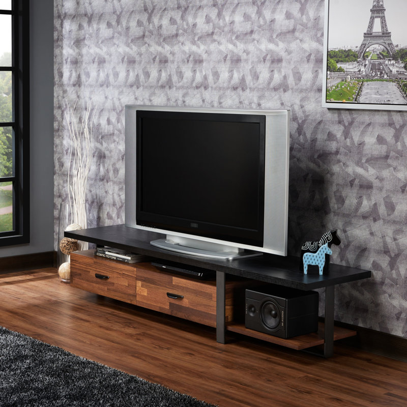 Meuble télé de style minimaliste en noyer et noir avec tiroirs cachés pour téléviseurs à écran plat de 55 po