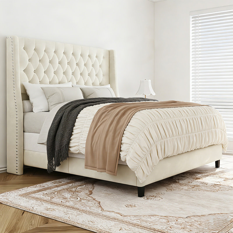 Queen Size White Diamond Bed Frame, Queen, Beige