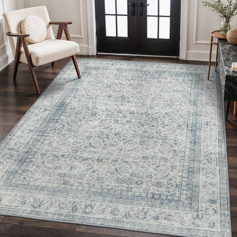 Tapis d'intérieur / bleu performance oriental lavable à la machine avec envers antidérapant, Rectangulaire 3 pi x 5 pi