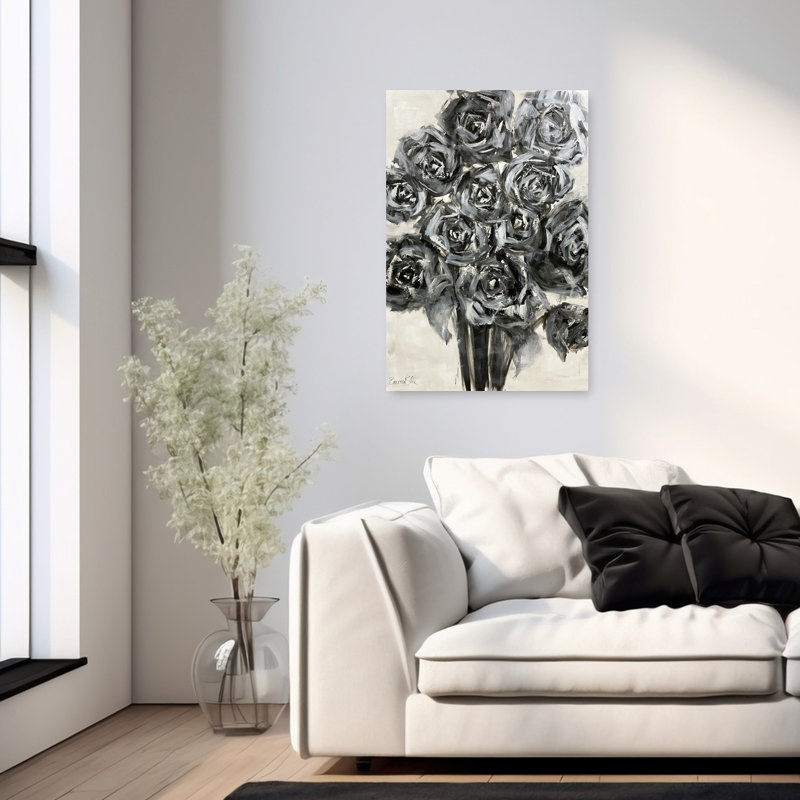 «Elegant Gray Roses», art mural élégant et moderne, 36" H x 24" W