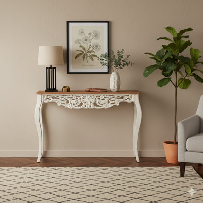 43.31-Inch French Provincial Carved Entry Table - Distressed Antique White Finish On Solid Wood & MDF, With Elegantly Curved Legs For Hallway Or Living Room