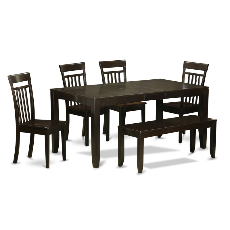 6 Piece Modern Dining Table Set Contains a Rectangle Wooden Table with Butterfly Leaf and 4 Dining Chairs with a Bench, Cappuccino