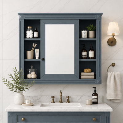 Armoire de salle de bain à miroir murale 35 po x H 28,7 po, armoire à pharmacie, armoire murale moderne avec porte miroir et plusieurs tablettes de rangement ouvertes, meuble de rangement pour salle de bain (meuble-lavabo non inclus)