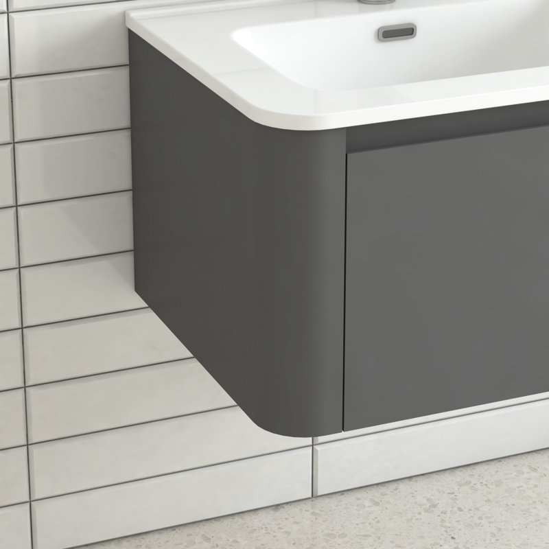 Meuble-lavabo suspendu gris de 61 cm de large, lavabo en céramique blanche, poignée inclinée à 45°, tiroir à fermeture amortie, structure étanche, grand espace de rangement pour articles de toilette, installation facile, design européen