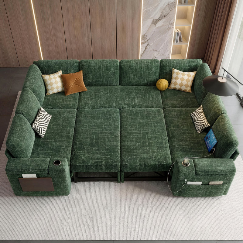 8-Seater Large Sectional Sofa Bed With Storage Lovescat, Modular Sleeper Sofa With Usb Port & Cup Holder, 108" U-Shaped Convertible Couch For Large Living Room