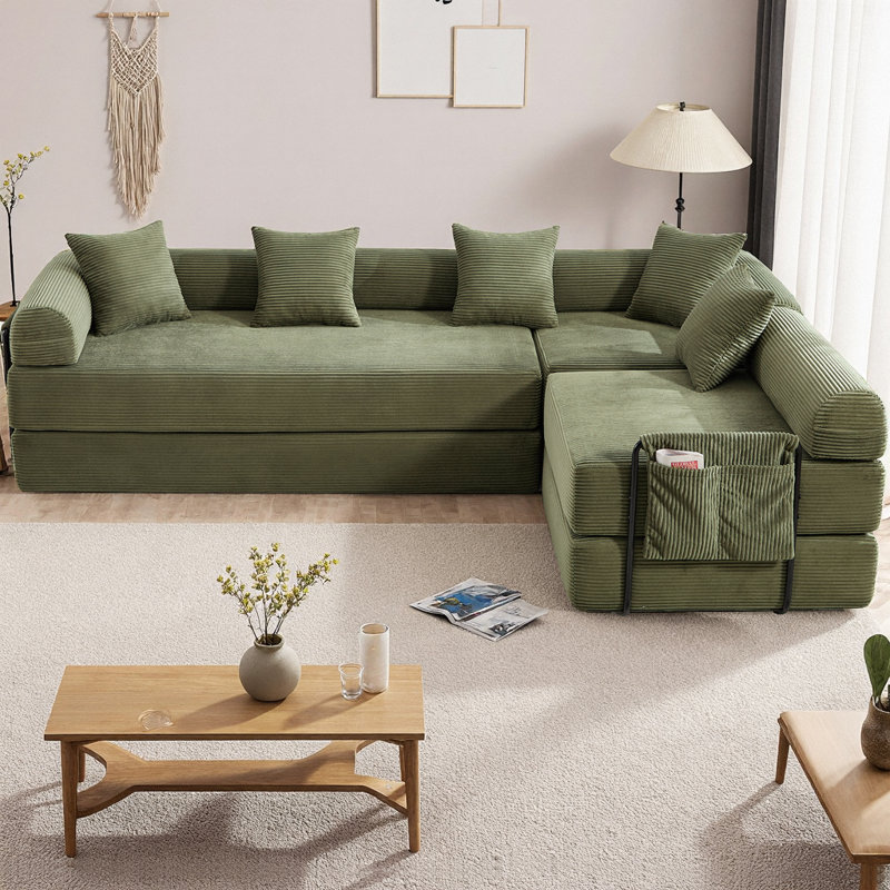 Convertible Folding L-Shaped Boneless Sectional Sofa Bed, Cloud Corduroy Fabric Sleeper with Memory Foam Mattress, 6 Configurations for Living Room, No Assembly Required