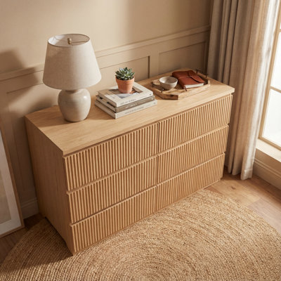 6-Drawer Dresser with Wavy Drawer Panels, Wood Storage Cabinet Tower Organizer in Natural Finish for Bedroom, Living Room or Entryway