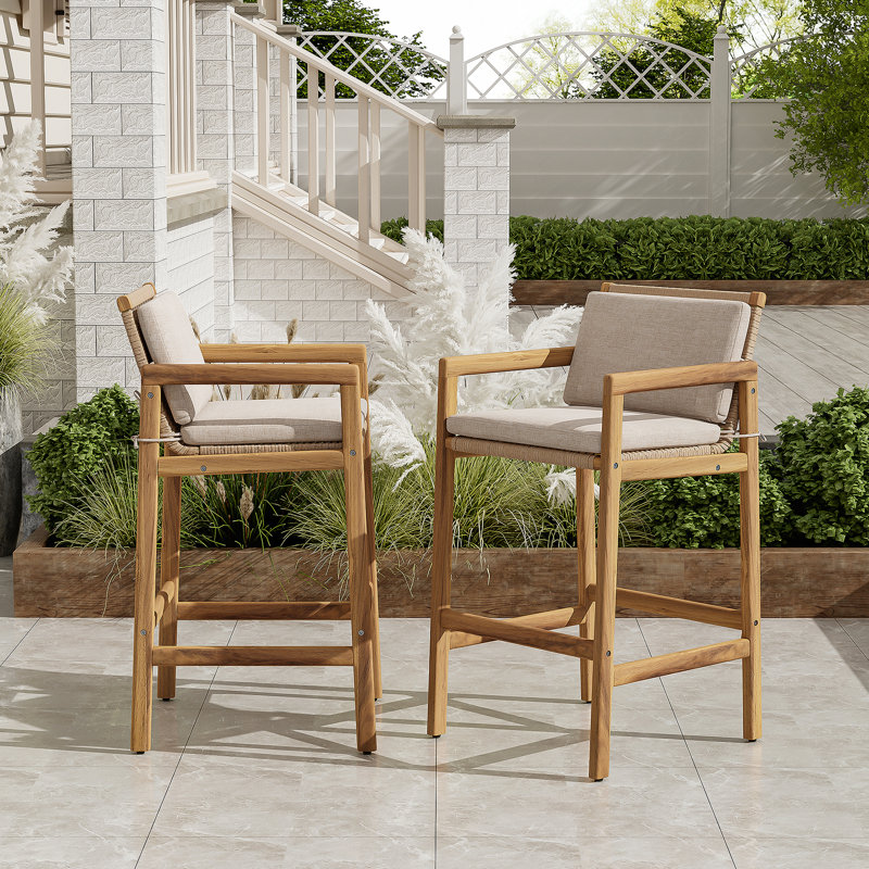Tabouret de bar d'extérieur en bois, bois fini teck avec coussin beige, ensemble de 2
