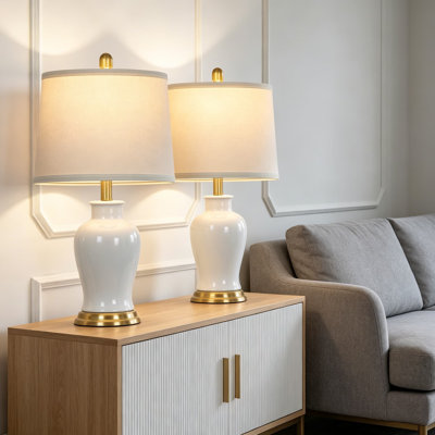 Set Of 2 Modern Ceramic Table Lamps With Ginger Jar Design, 23 Inch Farmhouse Bedside Lamps With Linen Shades For Living Room, Bedroom Nightstand, Or Office Desk Decor