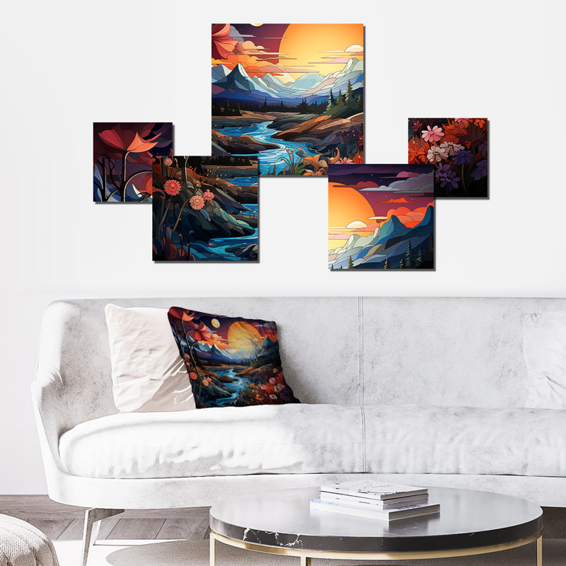 «Yellow Enchanted Meadows Fantasy II», ensemble d'art mural carré paysage abstrait