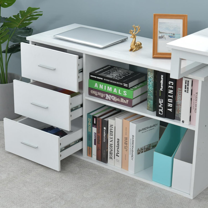 Bureau d'ordinateur en L réversible de 55 pouces avec 3 tiroirs, bureau d'angle avec tablettes de rangement et support pour écran amovible
