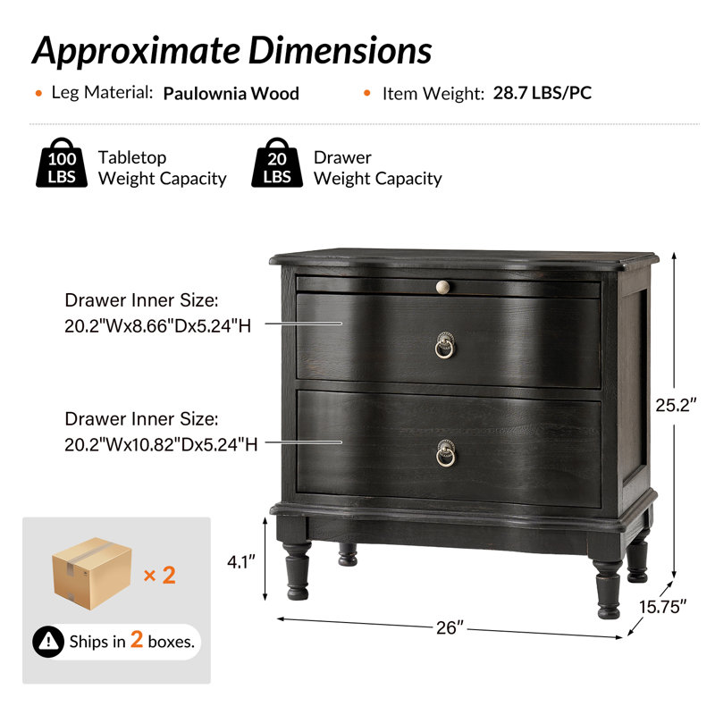 Table de bout en bois massif à 2 tiroirs de 26 po de large Sessoms, Gris anthracite