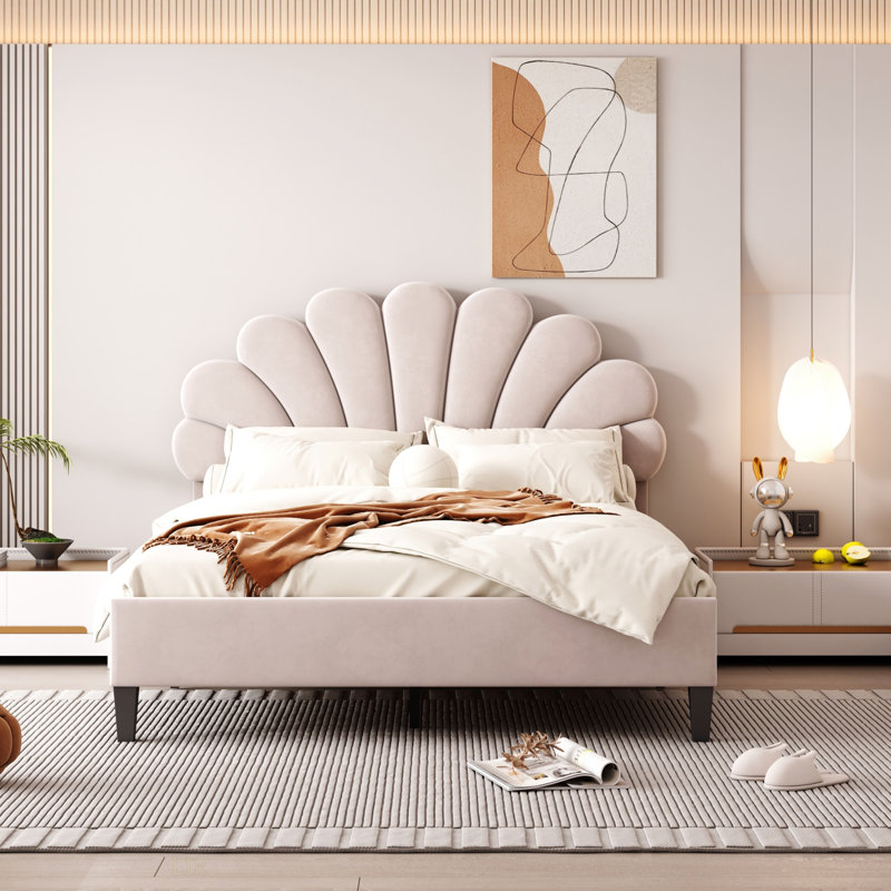 Lit plateforme tapissier avec tête de lit en velours à motif floral, Lit double