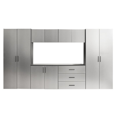 Série, armoire de garage, finition gris métallique, mécanisme, capacité de résistance à l'eau et à la chaleur, panneau de classe E0, fonctionnalité pour tablettes à hauteur réglable, configuration de support en métal double robuste