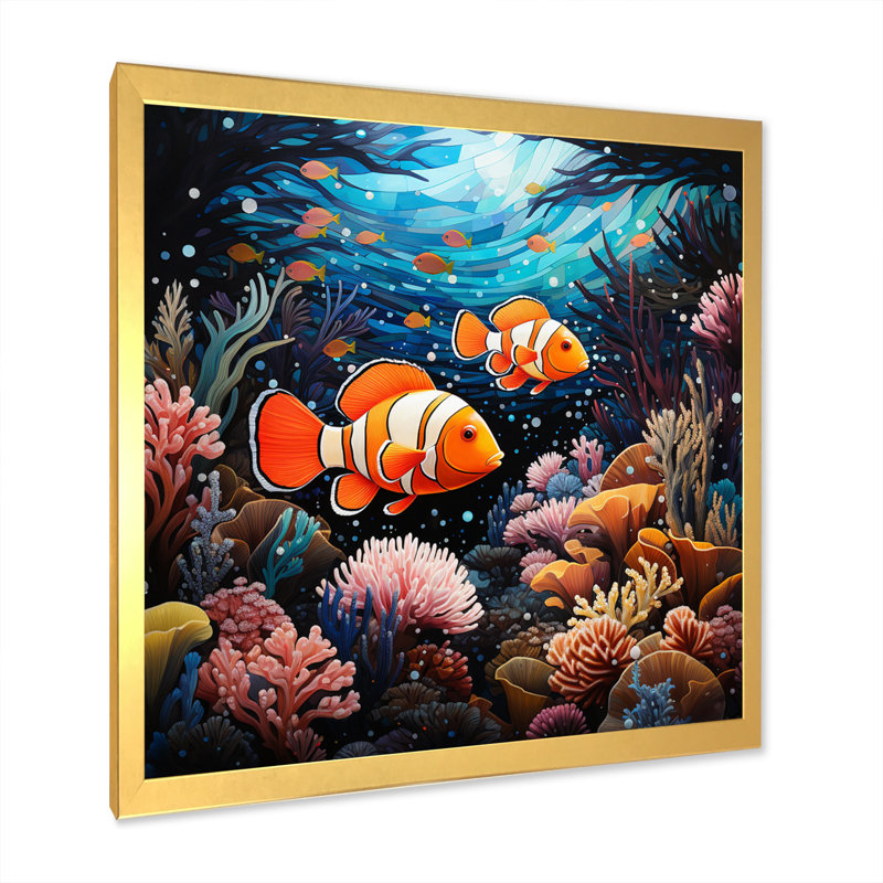Orange Teal Clownfish Silent Underwater II - Animals Canvas Art Print, H 16 po x l 16 po x P 1 po, Encadrement doré