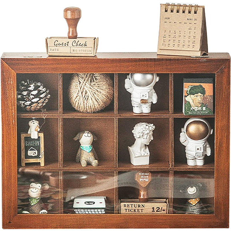 Mini-vitrine en bois avec couvercle transparent, tablette murale à 12 fentes, style rétro
