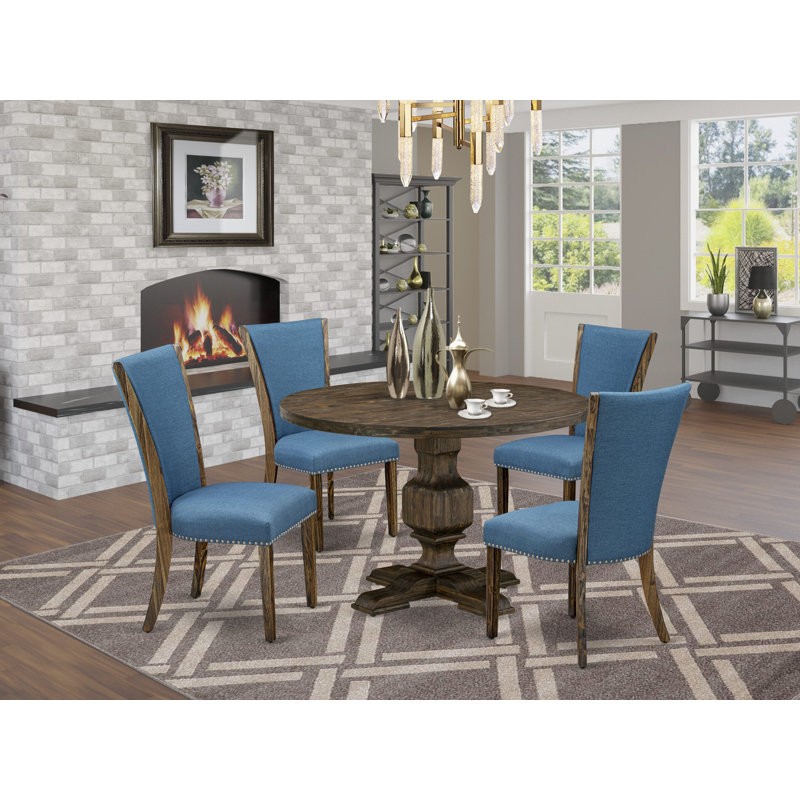 Ensemble de table de salle à manger 5 pièces - Table de salle à manger ronde moderne et 4 chaises de salle à manger en bois Parson de couleur bleue avec dossier haut - Finition patinée