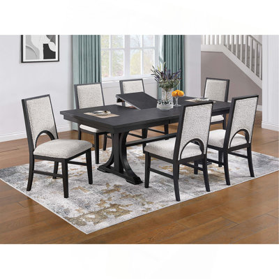 Table de salle à manger de style traditionnel et 6 chaises d'appoint en tissu blanc