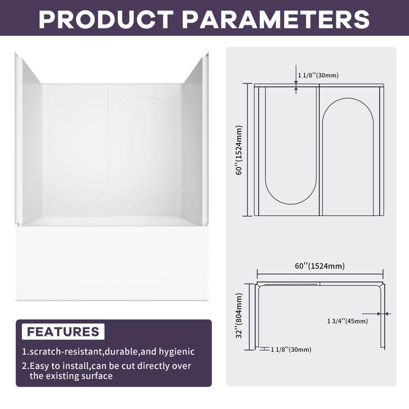 60" W x 32" D x 60" H Shower and Tub Surround Kit, 4-Piece Waterproof Acrylic Solid Surface Shower Walls, Tile Replacement No-Grout Installation Over Existing Tile or Drywall, White