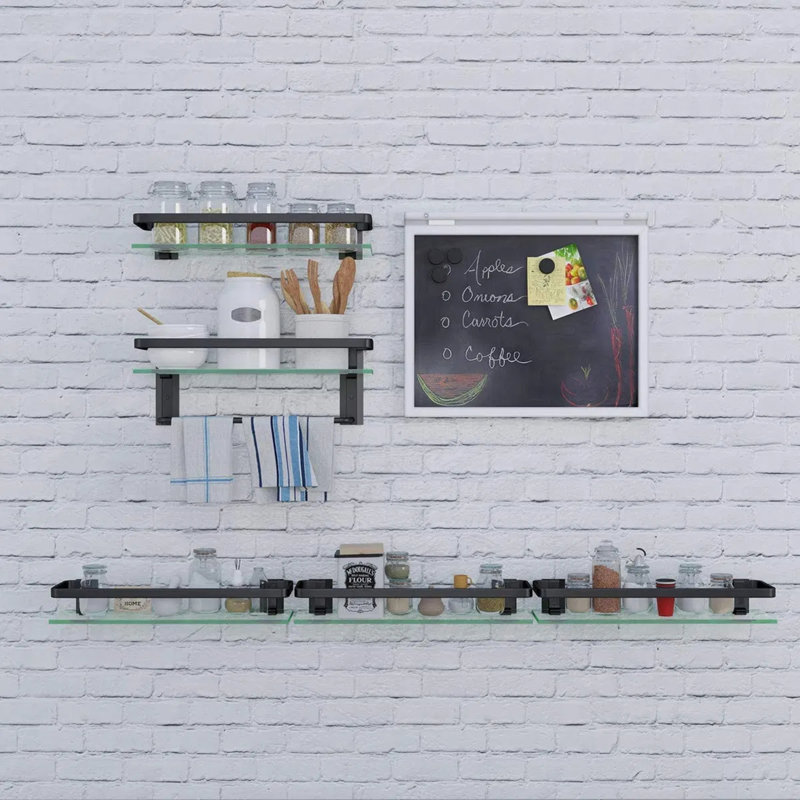 Bathroom Shelf Wall Mounted Floating Glass Shelf with Towel Rack 2 Tiers, Black