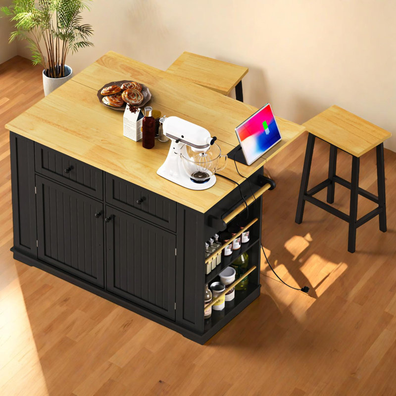 48 Inch Kitchen Island with Drop Leaf, Power Outlet, Storage Rack, 5 Wheels, Open Side Racks, Black